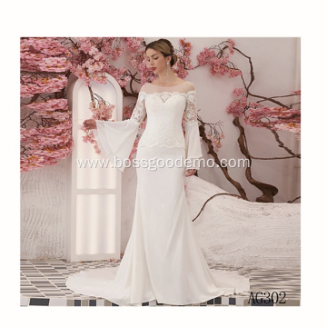 Elegant A-line Floor-length Bridal Gown white Organza bell sleeve lace wedding dress